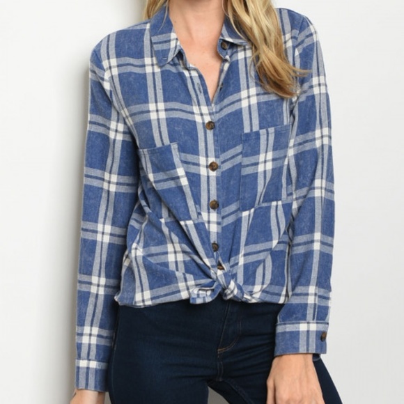 BLUE & WHITE CHECKERED PLAID BUTTON DOWN TOP - Picture 1 of 6